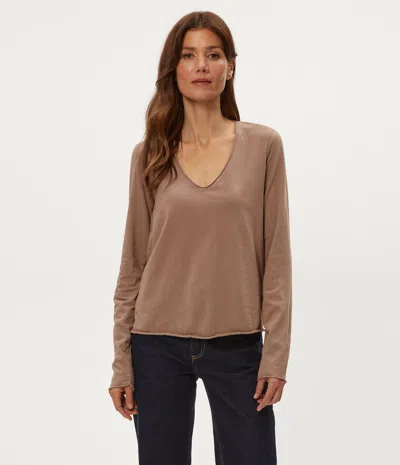 Michael Stars Kailee Long Sleeve V-neck Cotton T-shirt In Brown