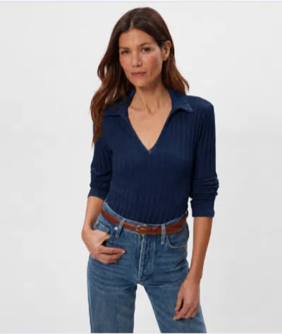 Michael Stars Liyah London Rib Long Sleeve Collared Tee In Nocturnal In Blue