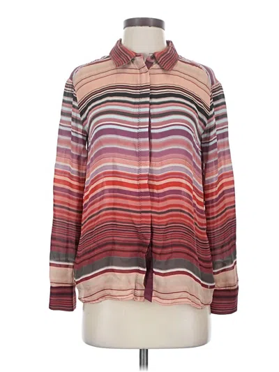 Pre-owned Michael Stars Long Sleeve Silk Top Burgundy Stripes Pattern Collared Neckline Tops