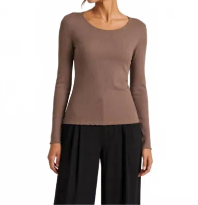 Michael Stars Lou 2x1 Eco Rib Long Sleeve Scoop Top In Cobblestone In Brown