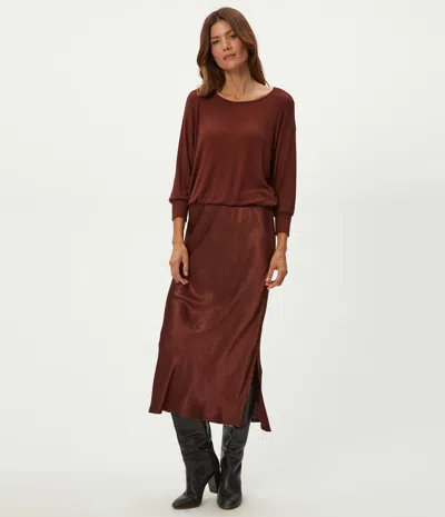 Michael Stars Nadia Mixed Fabric Satin Dress In Espresso In Brown