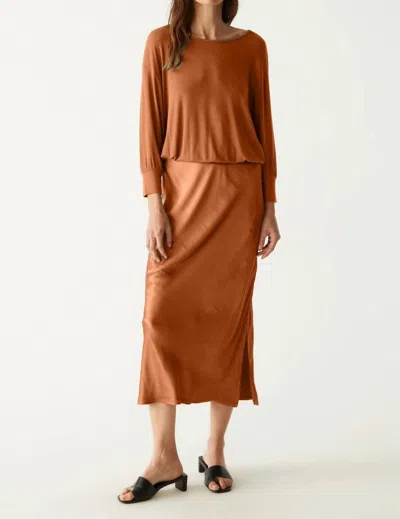Michael Stars Nadia Mixed Fabric Satin Dress In Toffee In Brown
