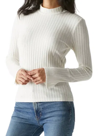 Michael Stars Opal Button Cuff Long Sleeve Ribbed Turtleneck Top In Chalk In White