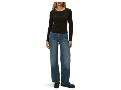 Michael Stars Tia Ribbed Crew Neck Sweatshirt With Smocked Cuffs In Black