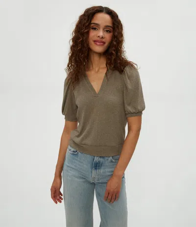 Michael Stars Quinn Puff Sleeve Ribbed Top In Cobblestone