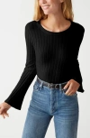 Michael Stars Valerie Rib Bell Sleeve Cotton Blend Knit Top In Black