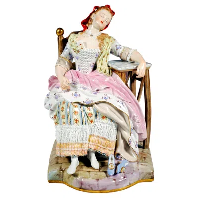 Pre-owned Michel Victor Acier 1 Large Meissen Genre Figurine, Louise Asleep, By M.v. Acier, Germany, Circa 1850 In Sand
