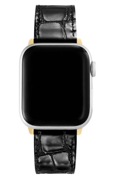 Michele Croc Embossed Leather 20mm Apple Watch® Watchband In Black/gold