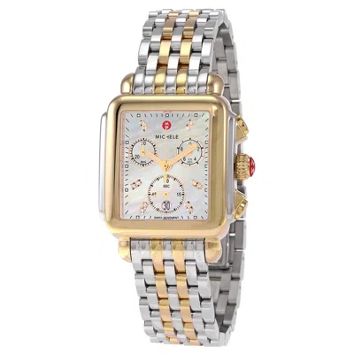 Michele Deco Chronograph Quartz Diamond White Mother Of Pearl Dial Ladies Watch Mww06a000779 In Gold