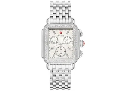 Pre-owned Michele Deco Chronograph Stainless Steel Bracelet Diamond Bezel Mww06a000775