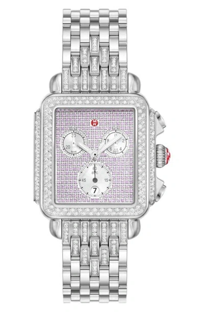 Michele Deco Diamond & Pink Sapphire Bracelet Chronograph Watch, 35mm In Silver
