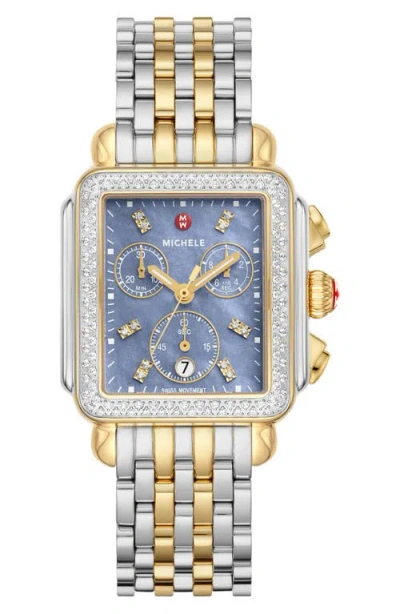 Michele Deco Diamond Quartz Chronograph Blue Mother Of Pearl Dial 18k Gold-plated Steel Women's Watch Mww06a In Two Tone