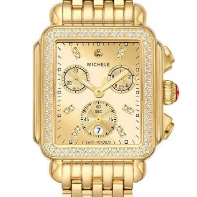 Pre-owned Michele Deco Diamond Gold Tone High Shine Diamond Dial Watch Mww06a000806