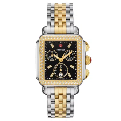 Pre-owned Michele Deco Diamond Gold Two-tone Black Diamond Dial Watch Mww06a000808