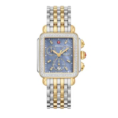 Pre-owned Michele Deco Diamond Gold Two-tone Blue Mop Diamond Dial Watch Mww06a000809