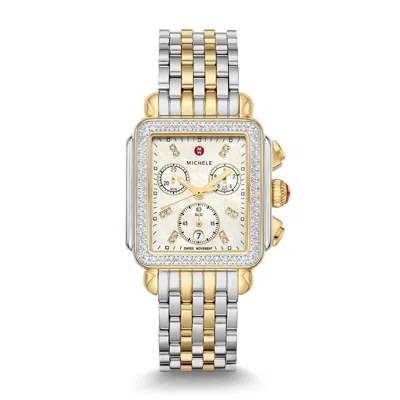 Pre-owned Michele Deco Diamond Gold Two-tone Mop Diamond Dial Watch Mww06a000776