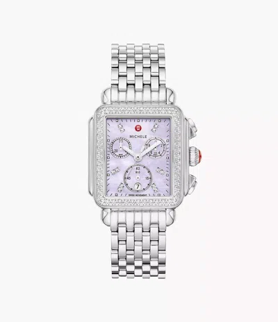 Pre-owned Michele Deco Diamond Purple Mop Diamond Dial Stainless Steel Watch Mww06a000800