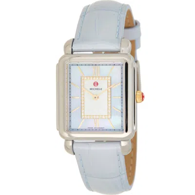 Michele Deco Ii Diamond Mother-of-pearl Leather Strap Watch, 26mm X 28mm In Blue/ White Gold