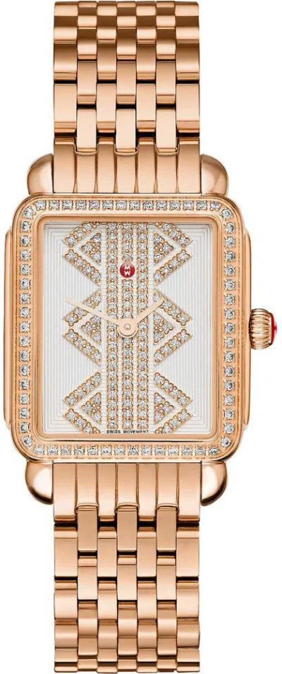 Pre-owned Michele Deco Ii Mid Rose Gold And Diamond Women's Quartz Watch Mww06i000021 In White