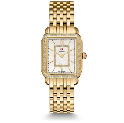 Pre-owned Michele Deco Ii Mid Size 26 Mm Gold Tone Diamond Bezel Diamond Dial Ladies Watch