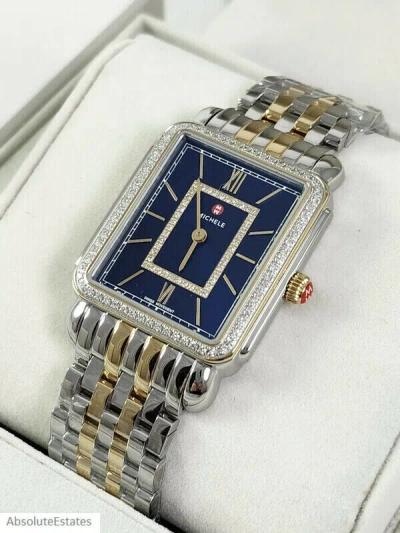 Pre-owned Michele Deco Ii Navy Blue Silver & Gold Two Tone Diamond Watch Mww06x000045