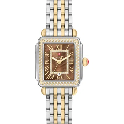 Michele Deco Madison Mid Two-tone 18k Gold Plate Diamond & Mother-of-pearl Bracelet Watch, 29mm X 31