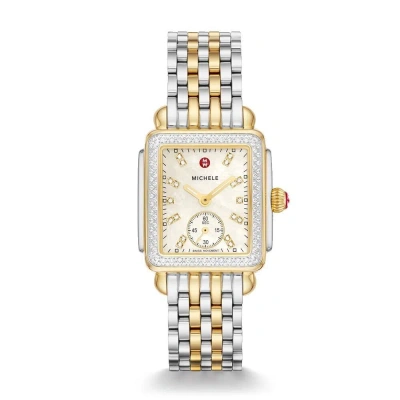 Pre-owned Michele Deco Mid Diamond Gold Two-tone Mop Diamond Dial Watch Mww06v000123