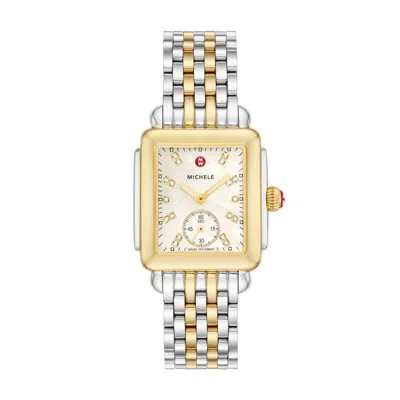Pre-owned Michele Deco Mid Diamond Mop Dial Gold Two Tone Watch Mww06v000042