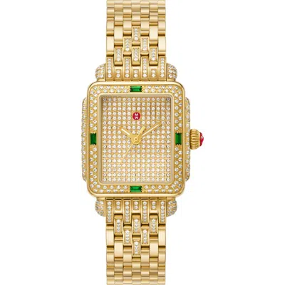 Michele Deco Mid Diamond Pavé & Tsavorite Bracelet Watch, 29mm X 31mm In Gold