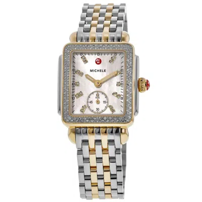 Michele Deco Mid Mother Of Pearl Diamond Dial Two-tone Steel Women's Watch Mww06v000123 In Gold