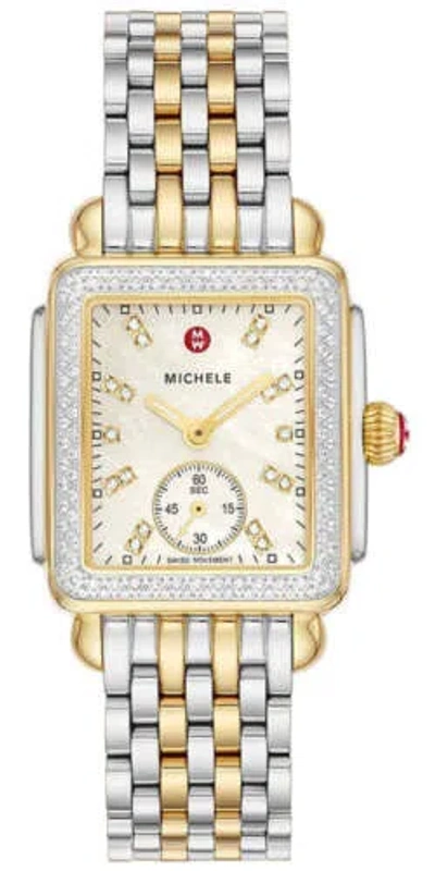 Pre-owned Michele Deco Mid Two-tone Steel Diamond Rectangle Womens Watch Mww06v000123