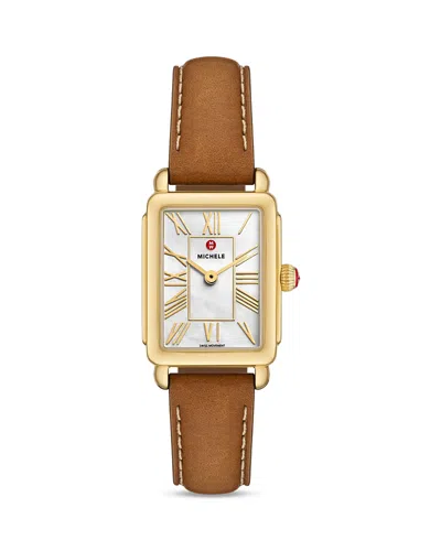 Michele Deco Park 18k Gold-plated Brown Leather Watch, 23mm X 29mm