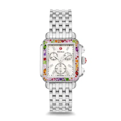 Pre-owned Michele Deco Soiree Gem Stones Mop Diamond Dial Stainless Steel Mww06a000802