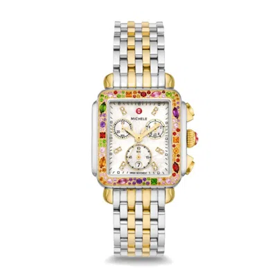 Pre-owned Michele Deco Soiree Gold Two-tone Gem Stones Mop Diamond Dial Watch Mww06a000801