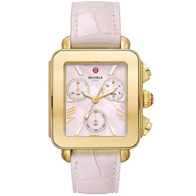 Pre-owned Michele Deco Sport Chronograph Gold Pink Leather Mww06k000068 Ladies Watch