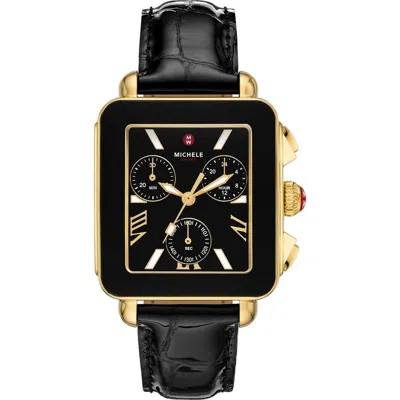 Michele Deco Sport Chronograph Leather Strap Watch, 36mm In Black