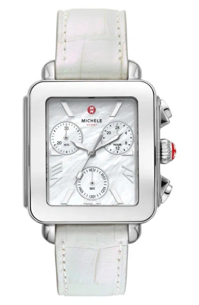 Michele Women's Deco Sport Stainless Steel & Croc-embossed Leather Chronograph Watch/34mm X 36mm In Silver
