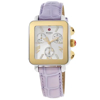 Michele Deco Sport Chronograph Silver Dial Leather Strap Women's Watch Mww06k000064 In Purple