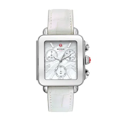 Pre-owned Michele Deco Sport Chronograph Steel White Leather Mww06k000066 Ladies Watch