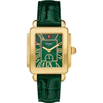Michele Deco Sport Leather Strap Watch, 29mm X 31mm In Gold