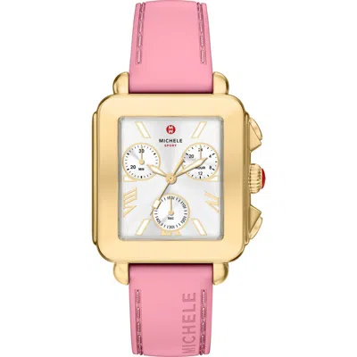 Michele Deco Sport Mid Chronograph Silicone Strap Watch, 34mm X 36mm In Pink