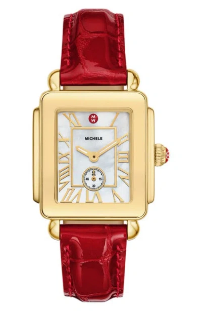 Michele Deco Sport Mid Leather Strap Watch, 29mm X 31mm In Red