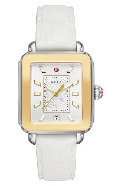 Michele Deco Sport Silicone Strap Watch, 34mm X 36mm In White/silver Sunray/gold