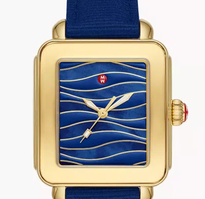 Pre-owned Michele In Box  Deco Sport Gold Mother Of Pearl Dial Blue Strap Watch