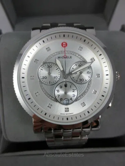 Pre-owned Michele Large Silver Sport Sail Diamond Dial Watch Mww01k000122 + Box