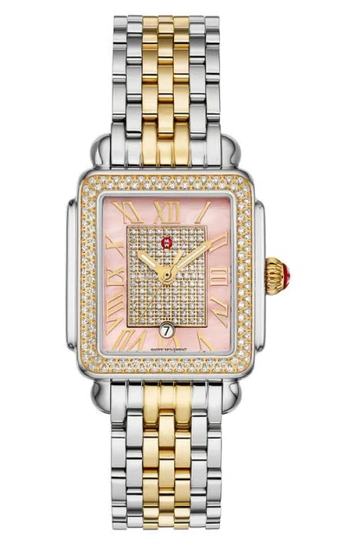 Michele Mid Deco Madison Limited Edition Two-tone 18k Gold Plate Diamond Bracelet Watch, 29mm X 31mm In Two Tone