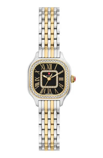 Michele Mini Meggie Noir Diamond Two-tone Bracelet Watch, 23mm X 25mm In Animal Print
