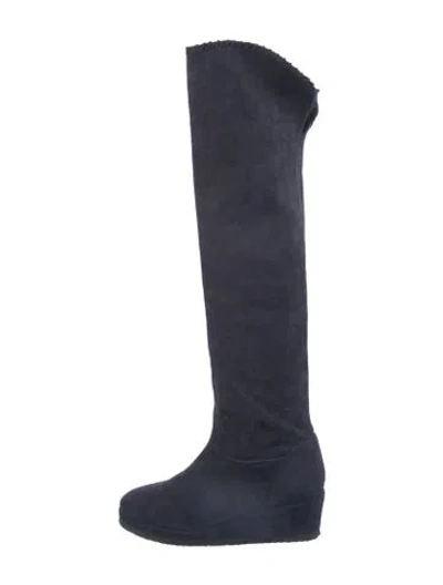 Pre-owned Michele Negri Suede Whipstitch Trim Boots In Blue