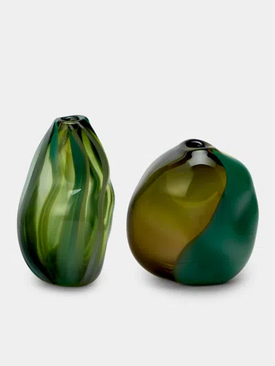 Michele Oberdieck Olive Pod Hand-blown Glass Bud Vases - 6in/15cm (set Of 2) In Green