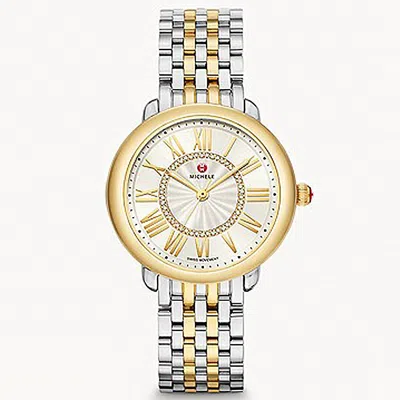 Pre-owned Michele Serein Mid Two-tone With Diamond Sunray Dial Ladies Watch Mww21b000148